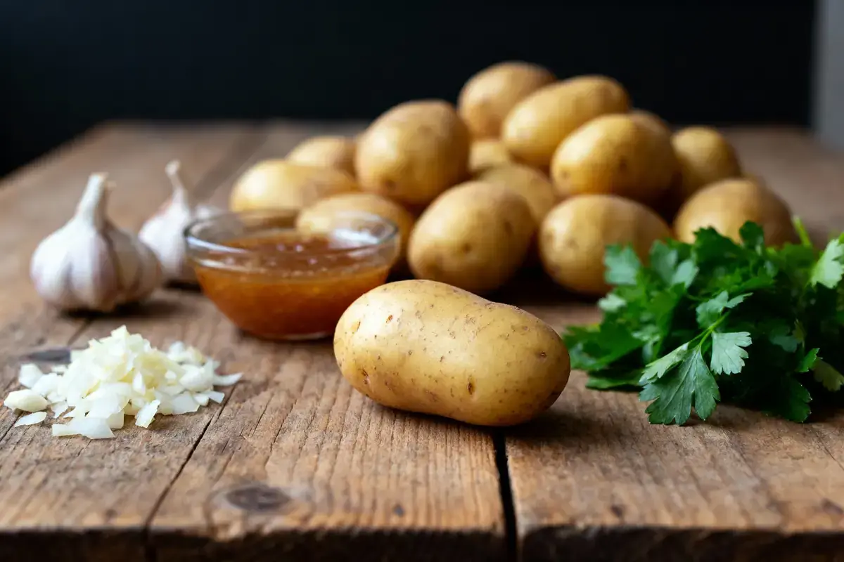 Pommes de terre, ail, persil, et sauce sur table en bois, ambiance rustique et cuisine.