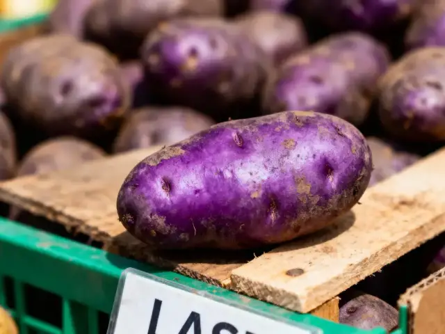 Pommes de terre violettes empilées sur un plateau en bois dans un marché, étiquette partiellement visible.