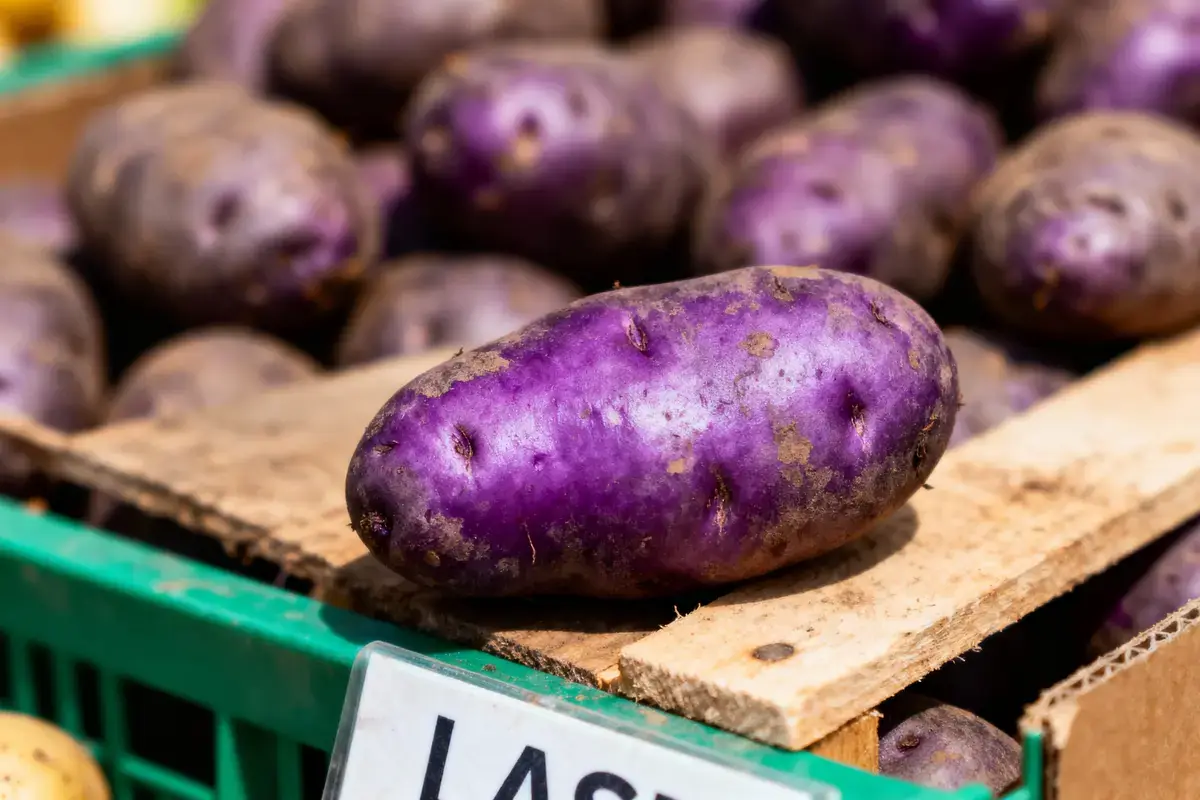 Pommes de terre violettes empilées sur un plateau en bois dans un marché, étiquette partiellement visible.