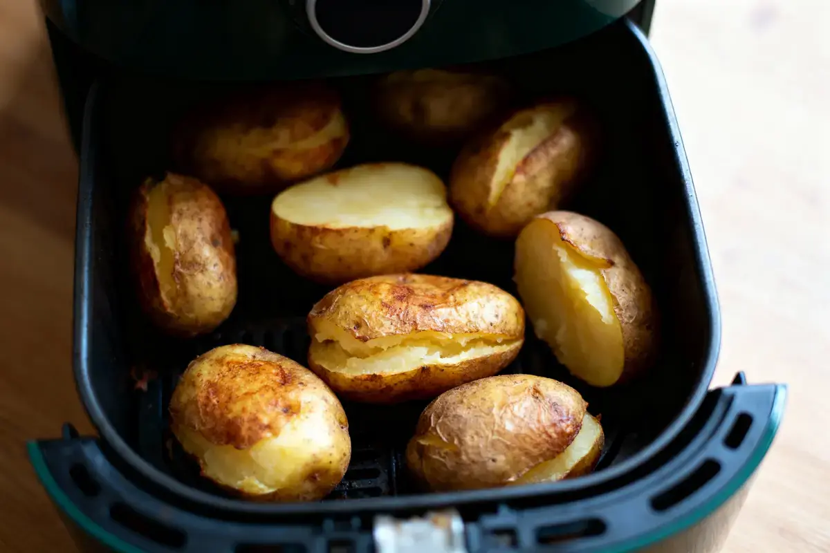 Pommes de terre cuites à l'intérieur d'une friteuse à air sur un plan de travail en bois.