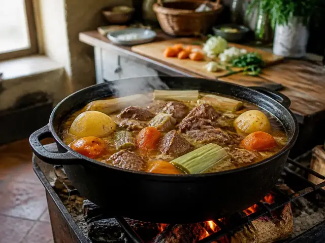 Pot au feu recette avec viandes, légumes cuisant dans une marmite en fonte sur feu bois