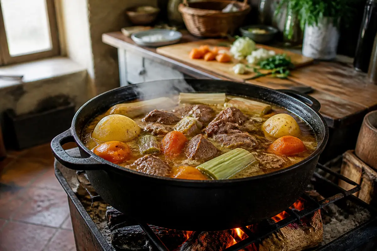 Pot au feu recette avec viandes, légumes cuisant dans une marmite en fonte sur feu bois