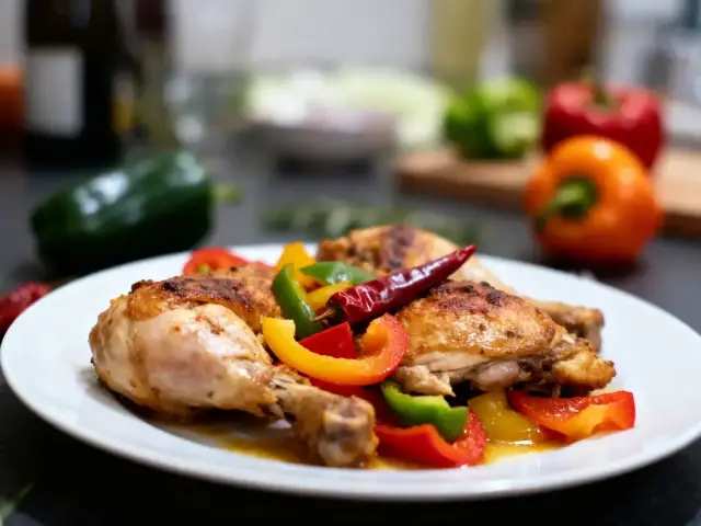 Plat de poulet rôti avec poivrons rouges, jaunes, verts et piment. Arrière-plan flou de légumes.