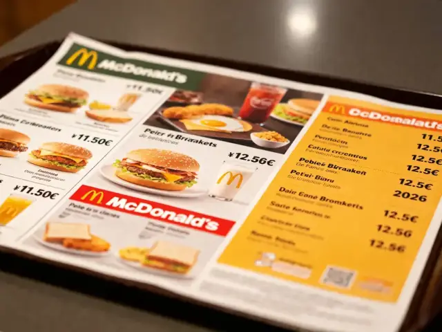 Menu McDonald's sur un plateau, affichant divers repas et prix en euros, photographié en gros plan.