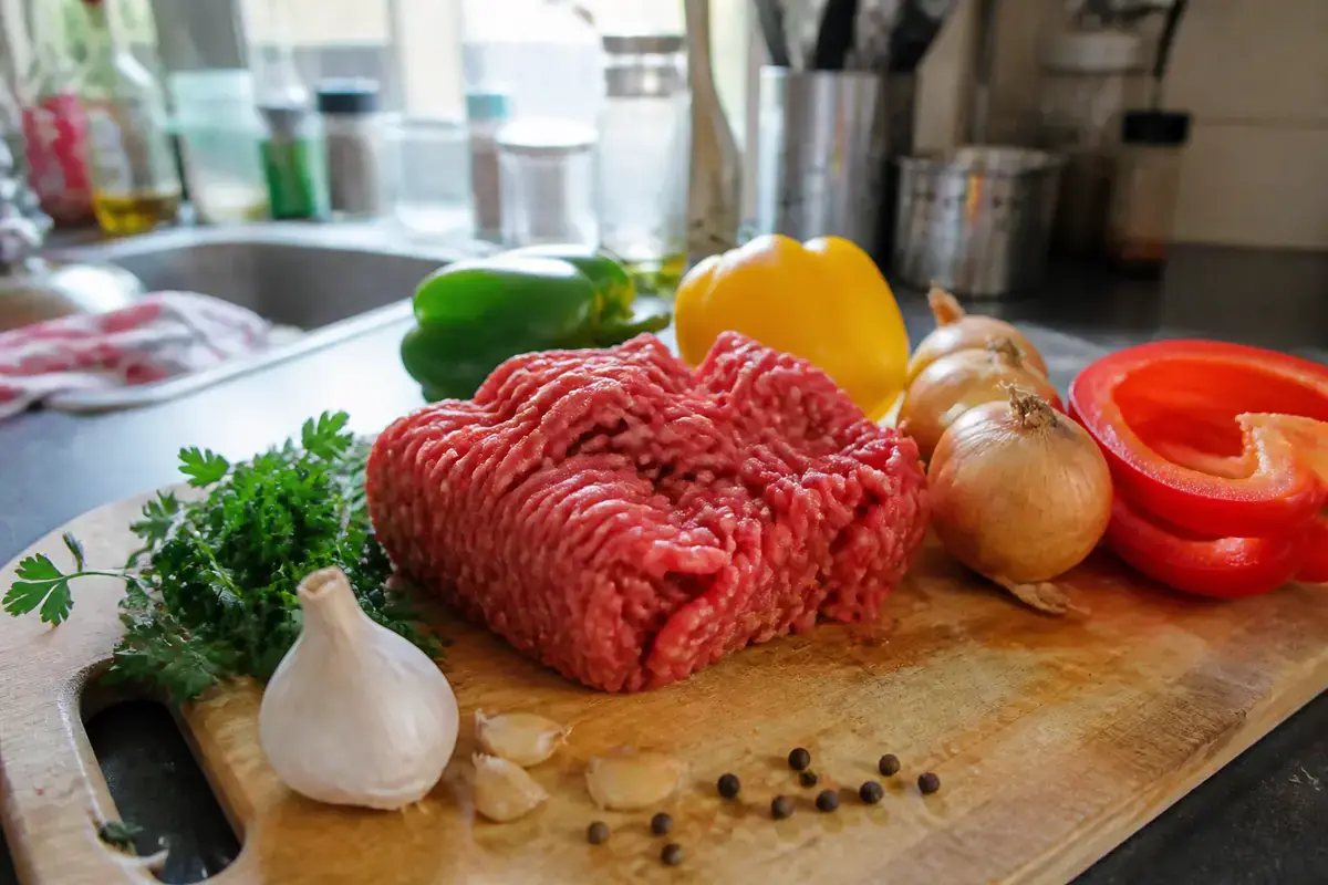 Viande hachée avec poivrons, oignons, ail, persil sur planche en bois dans une cuisine lumineuse.