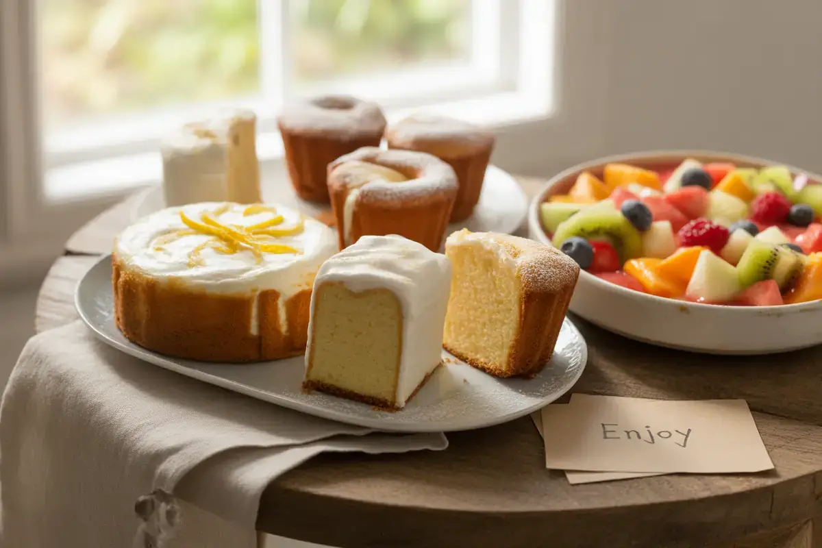 Assiette de gâteaux délicieux, un gâteau à la crème glacée et muffins, accompagnés d'un bol de fruits frais, avec une carte "Enjoy".