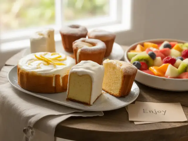 Assiette de gâteaux délicieux, un gâteau à la crème glacée et muffins, accompagnés d'un bol de fruits frais, avec une carte "Enjoy".