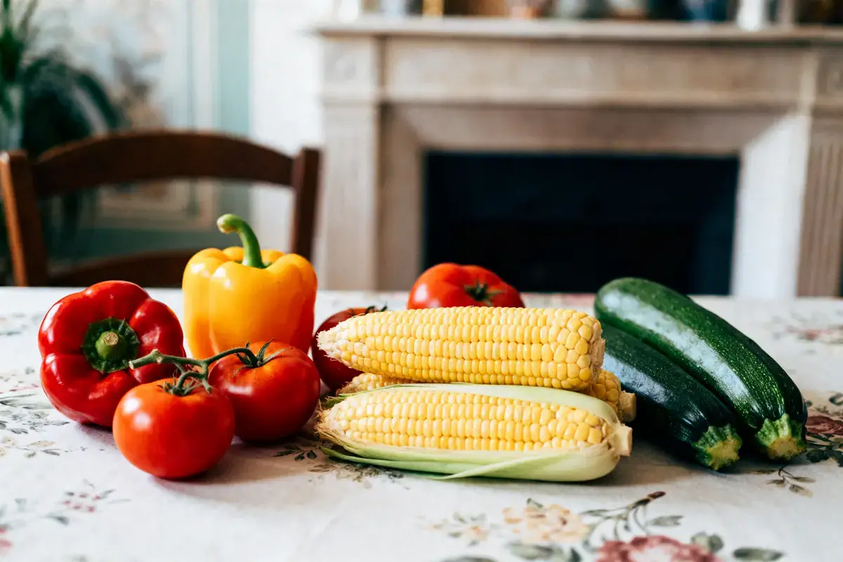Légumes variés sur une table : poivrons, tomates, maïs, courgettes, sur nappe fleurie devant cheminée.