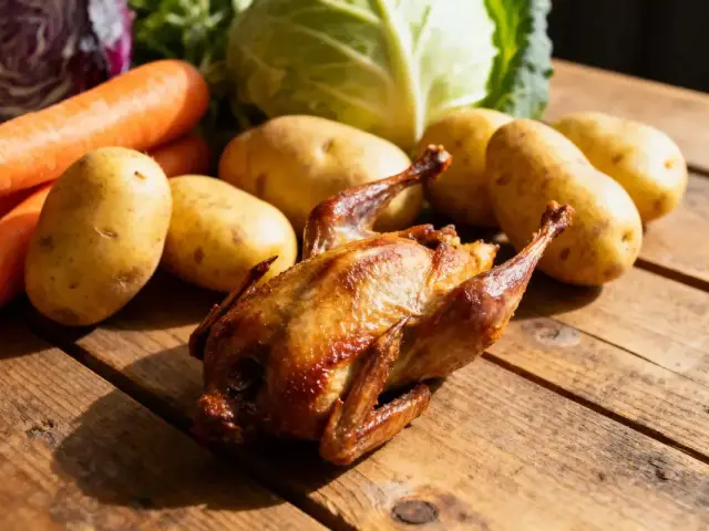 Poulet rôti entier avec pommes de terre, carottes et chou sur table en bois ensoleillée.