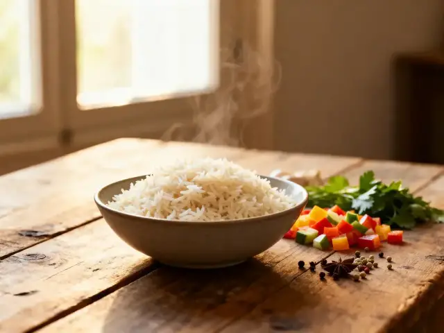 Bol de riz fumant sur table en bois, légumes et herbes fraîches à côté.