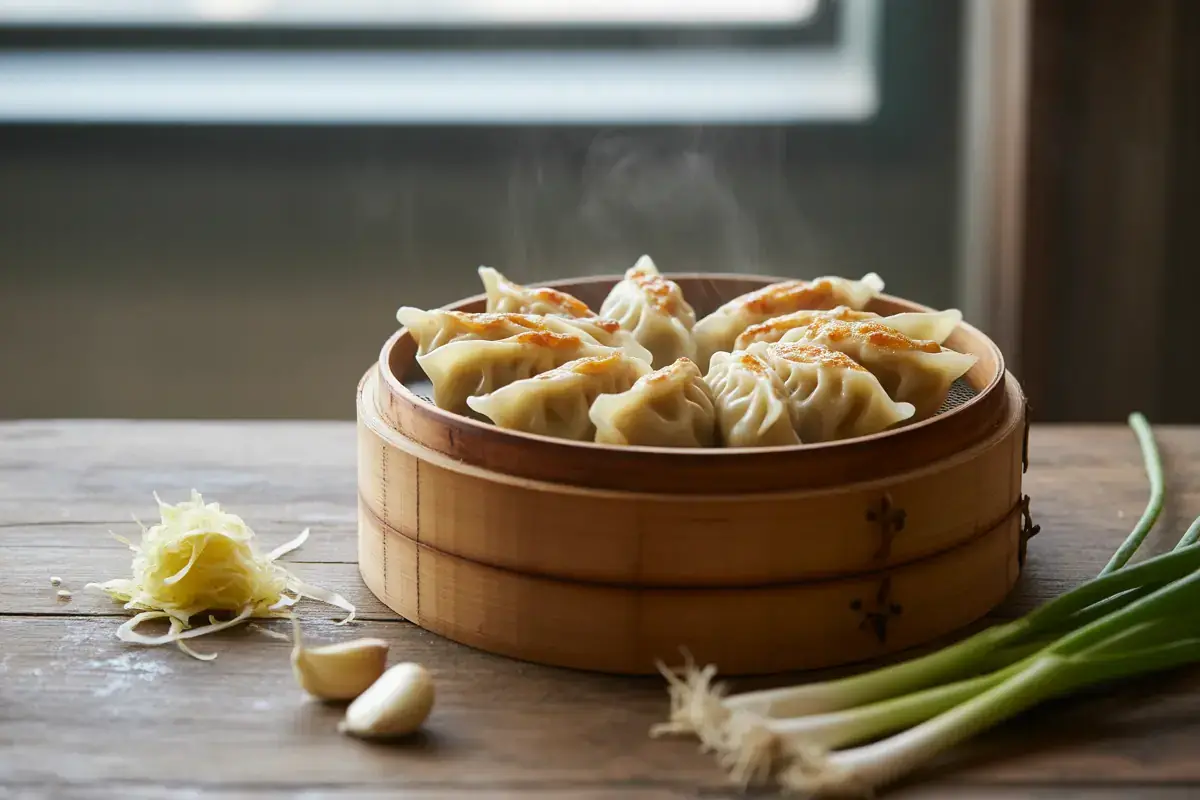 Raviolis japonais dans un panier vapeur en bambou, ciboule et ail autour