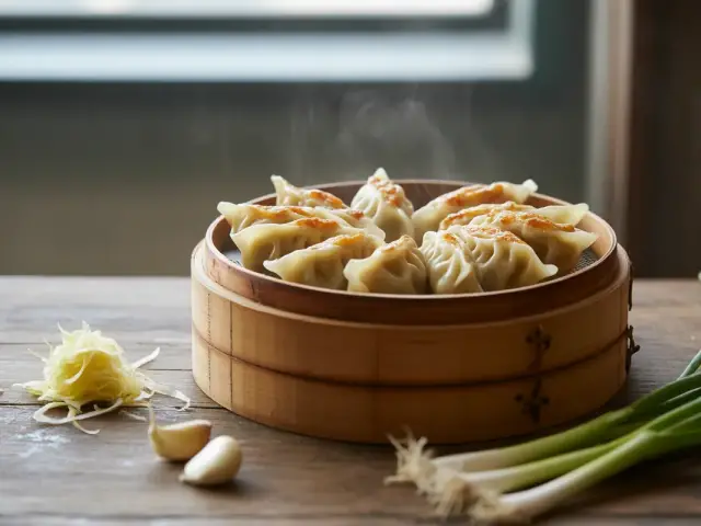 Raviolis japonais dans un panier vapeur en bambou, ciboule et ail autour