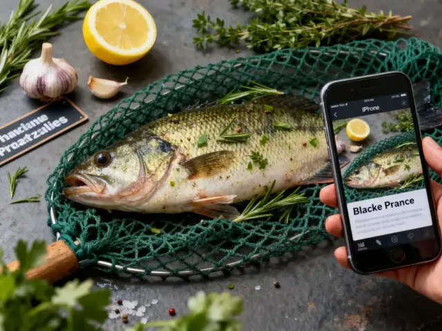 Poisson sur filet, herbes, ail, citron, main tenant téléphone affichant même image.