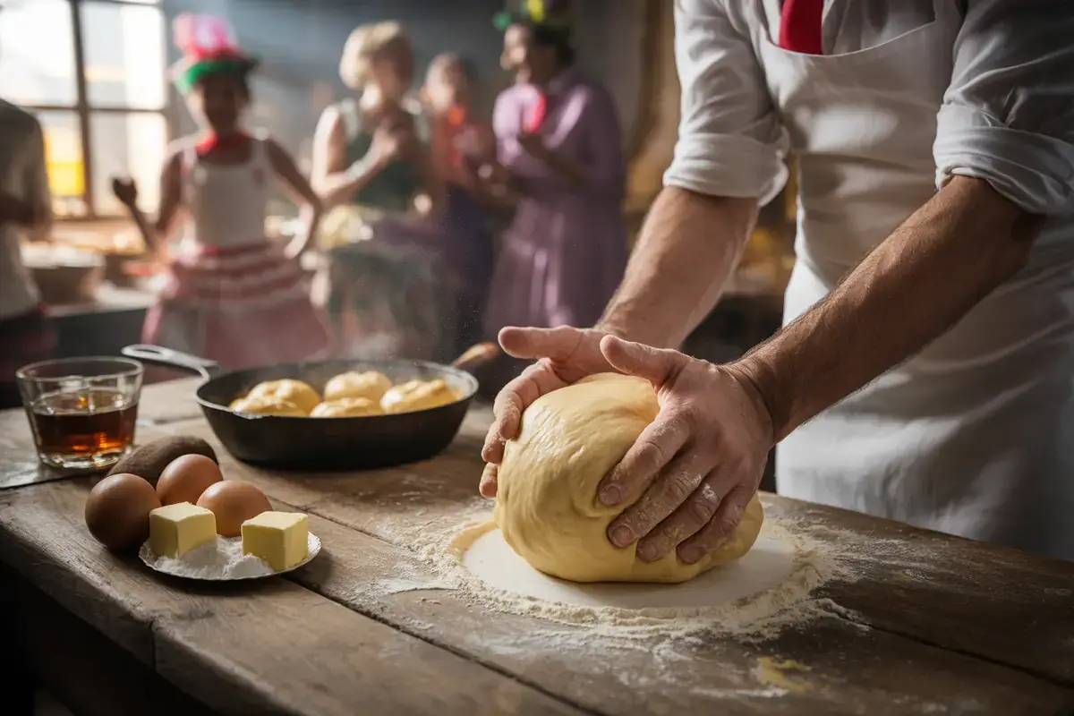 Un homme pétrit de la pâte sur une table en bois, entouré de préparations culinaires et de convives en arrière-plan.