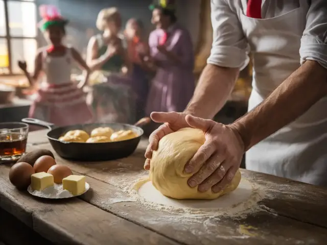 Un homme pétrit de la pâte sur une table en bois, entouré de préparations culinaires et de convives en arrière-plan.