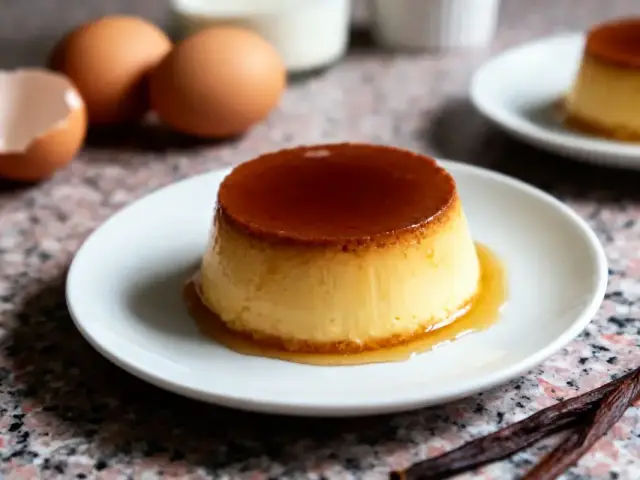 Flan au caramel sur assiette blanche, œufs cassés en arrière-plan sur surface marbrée.