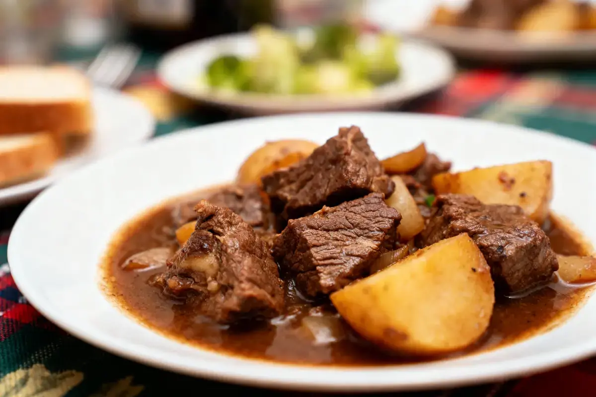 Assiette de ragoût de bœuf avec pommes de terre, sauce brune, servie sur table aux couleurs vives.