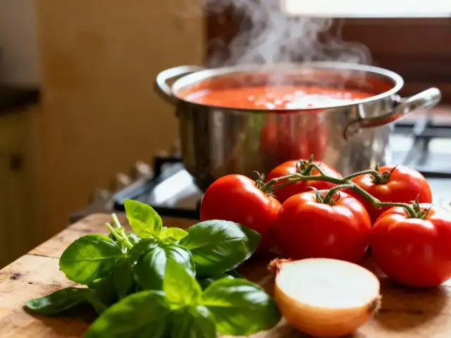 Tomates, basilic, et oignon sur planche devant casserole de sauce tomate bouillante, cuisine en arrière-plan.