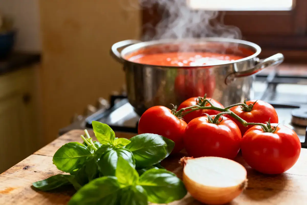 Tomates, basilic, et oignon sur planche devant casserole de sauce tomate bouillante, cuisine en arrière-plan.