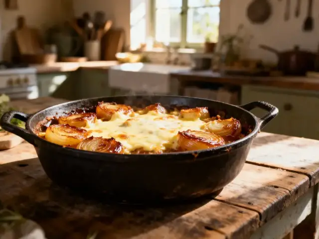 Plat en fonte avec gratin d'oignons et fromage fondu, dans une cuisine ensoleillée et rustique.