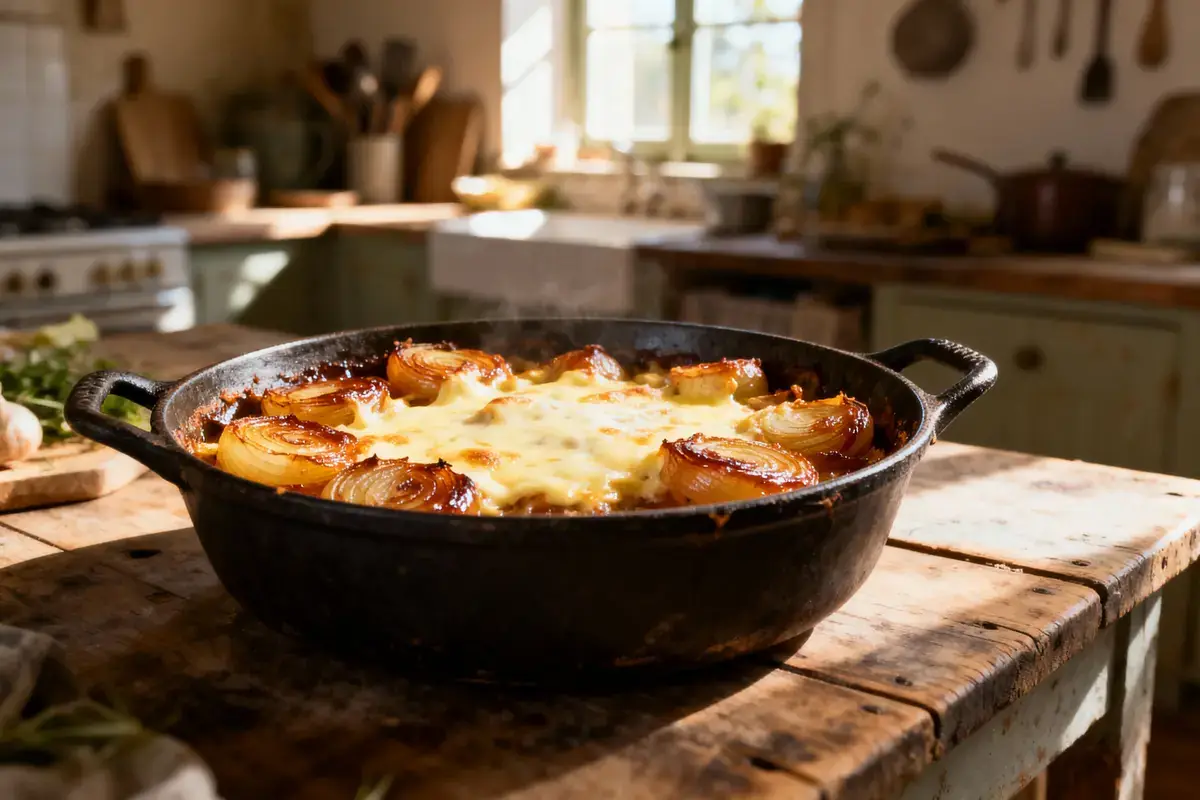Plat en fonte avec gratin d'oignons et fromage fondu, dans une cuisine ensoleillée et rustique.