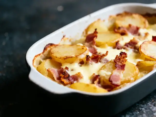Plat de pommes de terre gratinées avec fromage et bacon dans un plat à four blanc.