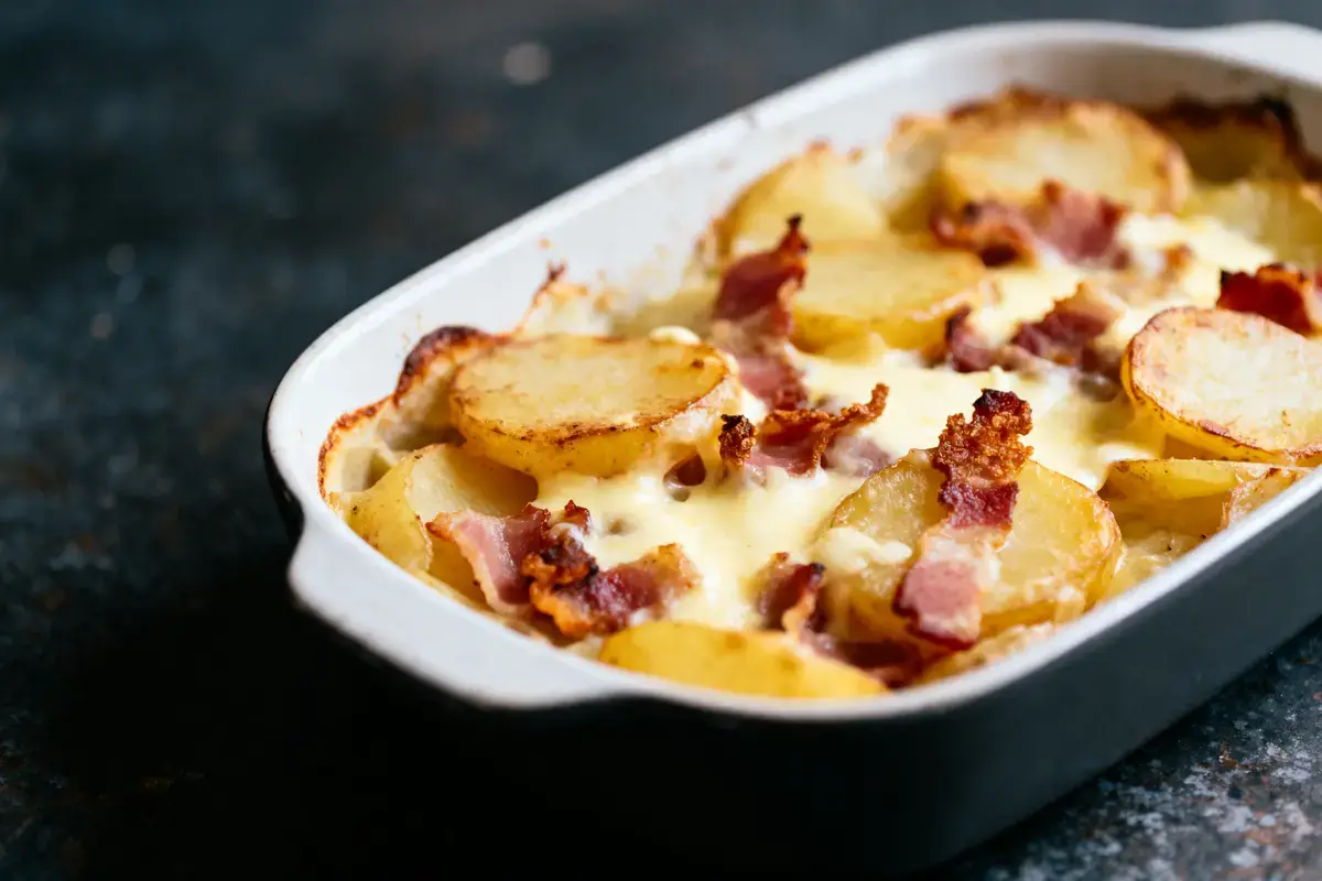 Plat de pommes de terre gratinées avec fromage et bacon dans un plat à four blanc.