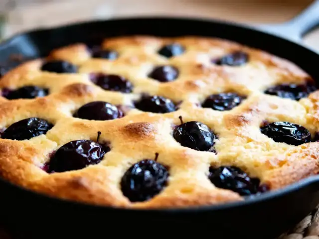 Gâteau à la prune dans une poêle en fonte, surface dorée et prunes juteuses visibles.