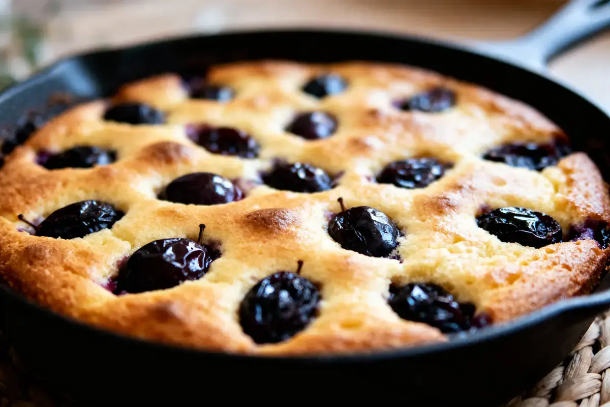 Gâteau à la prune dans une poêle en fonte, surface dorée et prunes juteuses visibles.