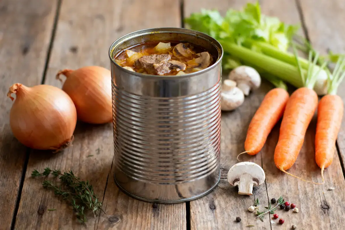 Boîte de conserve avec ragoût, carottes, oignons, céleri, champignons, épices sur table en bois rustique.