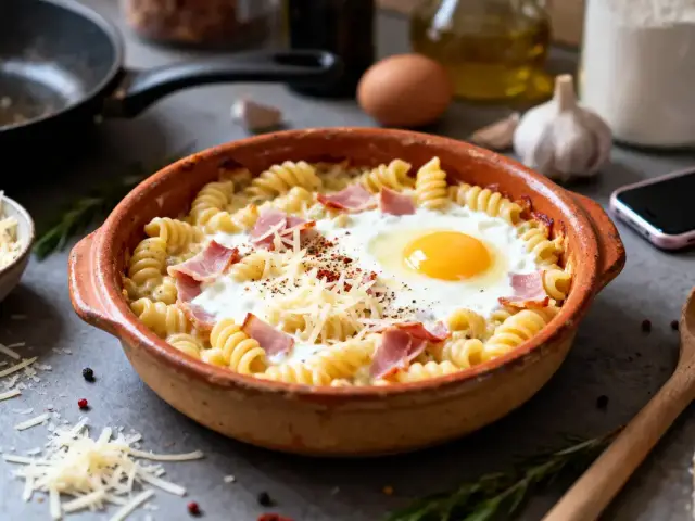Plat de pâtes avec œuf au plat, jambon, fromage râpé, sur table avec ingrédients de cuisine.