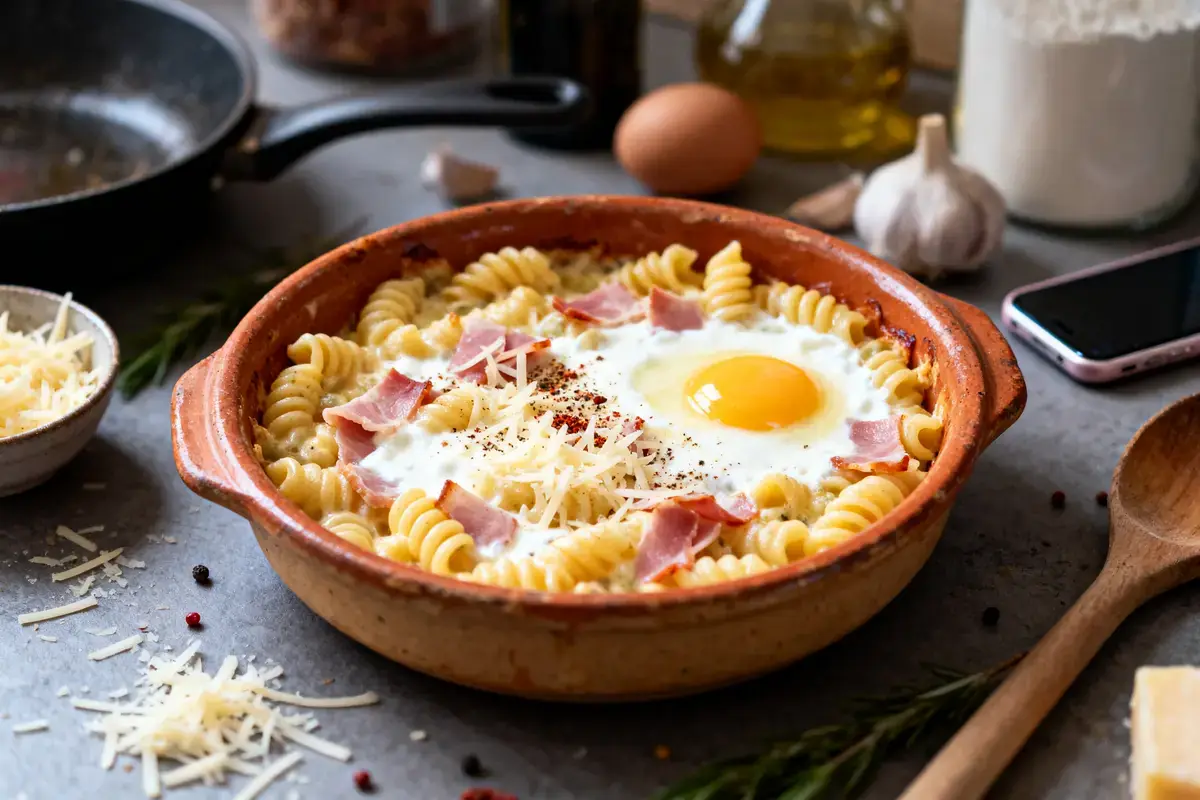 Plat de pâtes avec œuf au plat, jambon, fromage râpé, sur table avec ingrédients de cuisine.