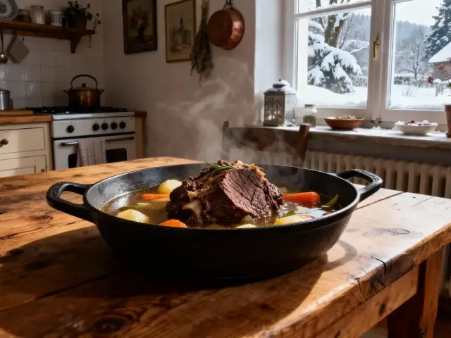 Plat mijoté avec viande, carottes et pommes de terre, dans une cuisine rustique enneigée en arrière-plan.