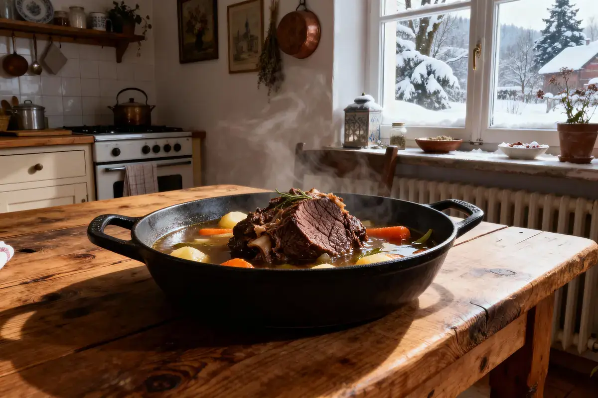 Plat mijoté avec viande, carottes et pommes de terre, dans une cuisine rustique enneigée en arrière-plan.