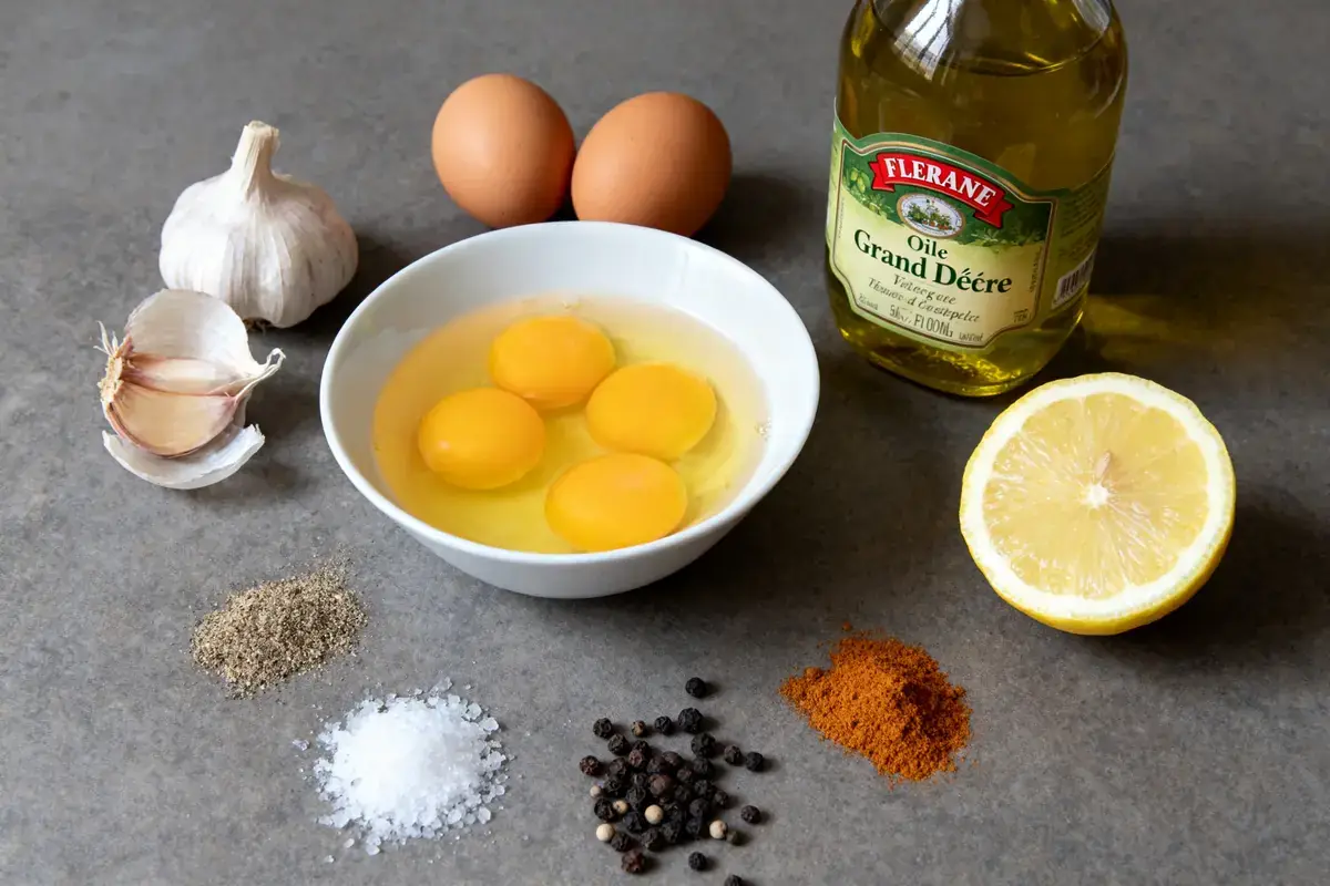 Ingrédients: œufs, ail, huile, citron, sel, poivre, épices, sur surface grise, pour préparation culinaire.