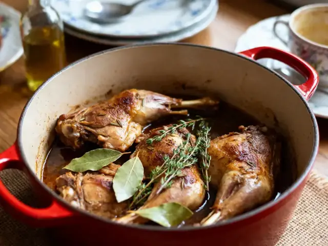 Lapin en cocotte rouge avec herbes, selon recette de lapin cocotte façon grand-mère