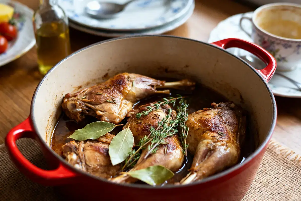 Lapin en cocotte rouge avec herbes, selon recette de lapin cocotte façon grand-mère