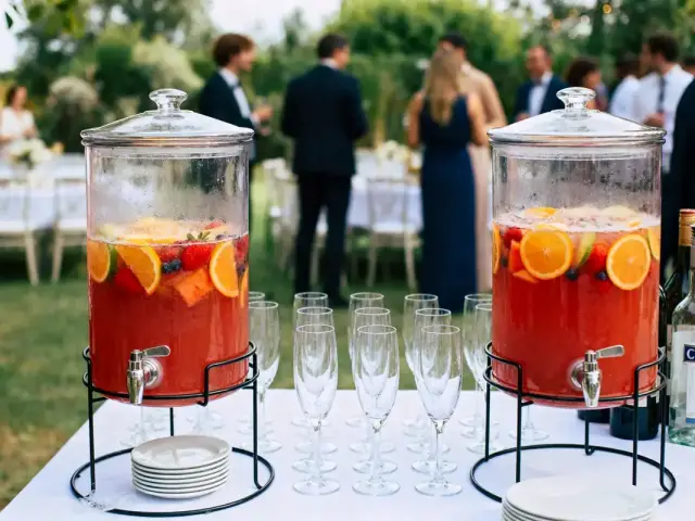 Deux distributeurs de boisson fruitée sur table avec flûtes, arrière-plan: personnes discutant lors d'une réception.