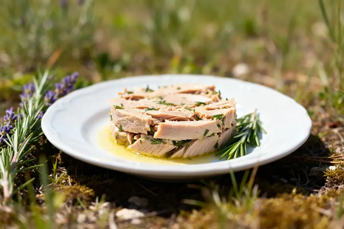 Assiette de thonine mariné aux herbes, mise en valeur par la recette de thonine provençale