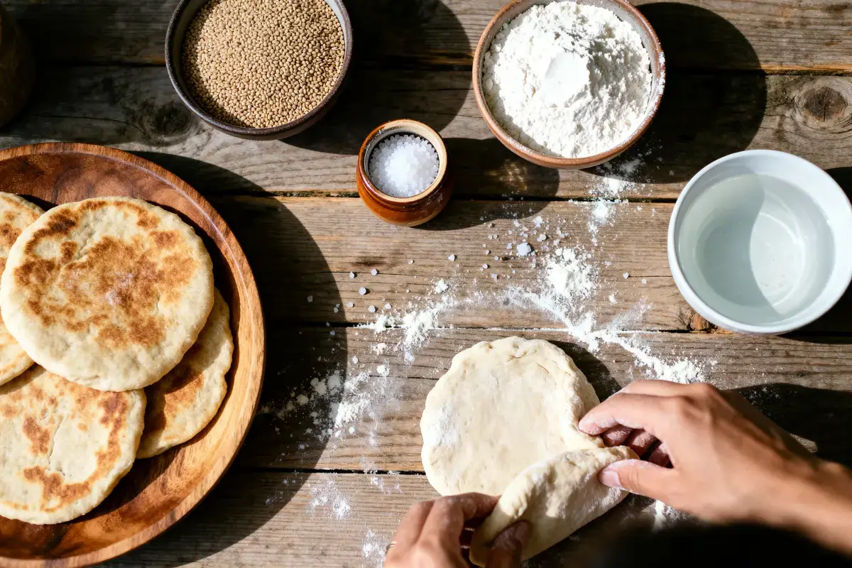 Personne préparant du pain avec farine, eau, graines et sel sur une table en bois rustique.