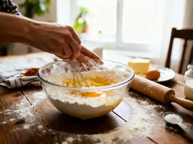 Main mélange des ingrédients pâtisserie dans bol, table bois, rouleau, beurre, œuf, lait.