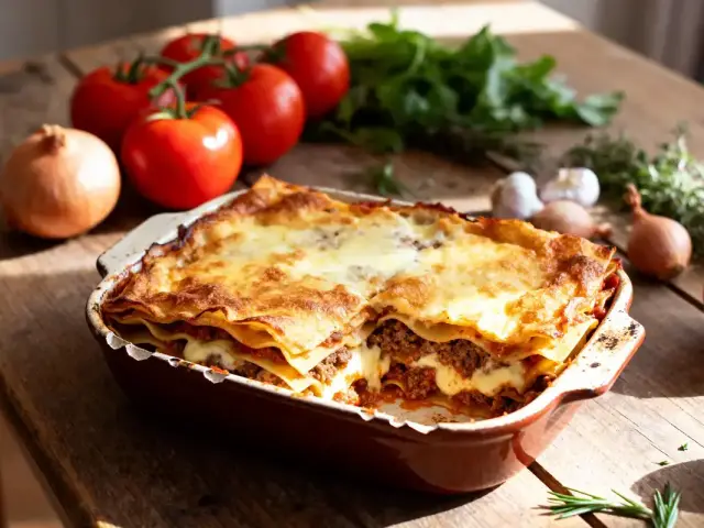 Lasagnes dorées dans un plat avec tomates, oignons et herbes sur table en bois.