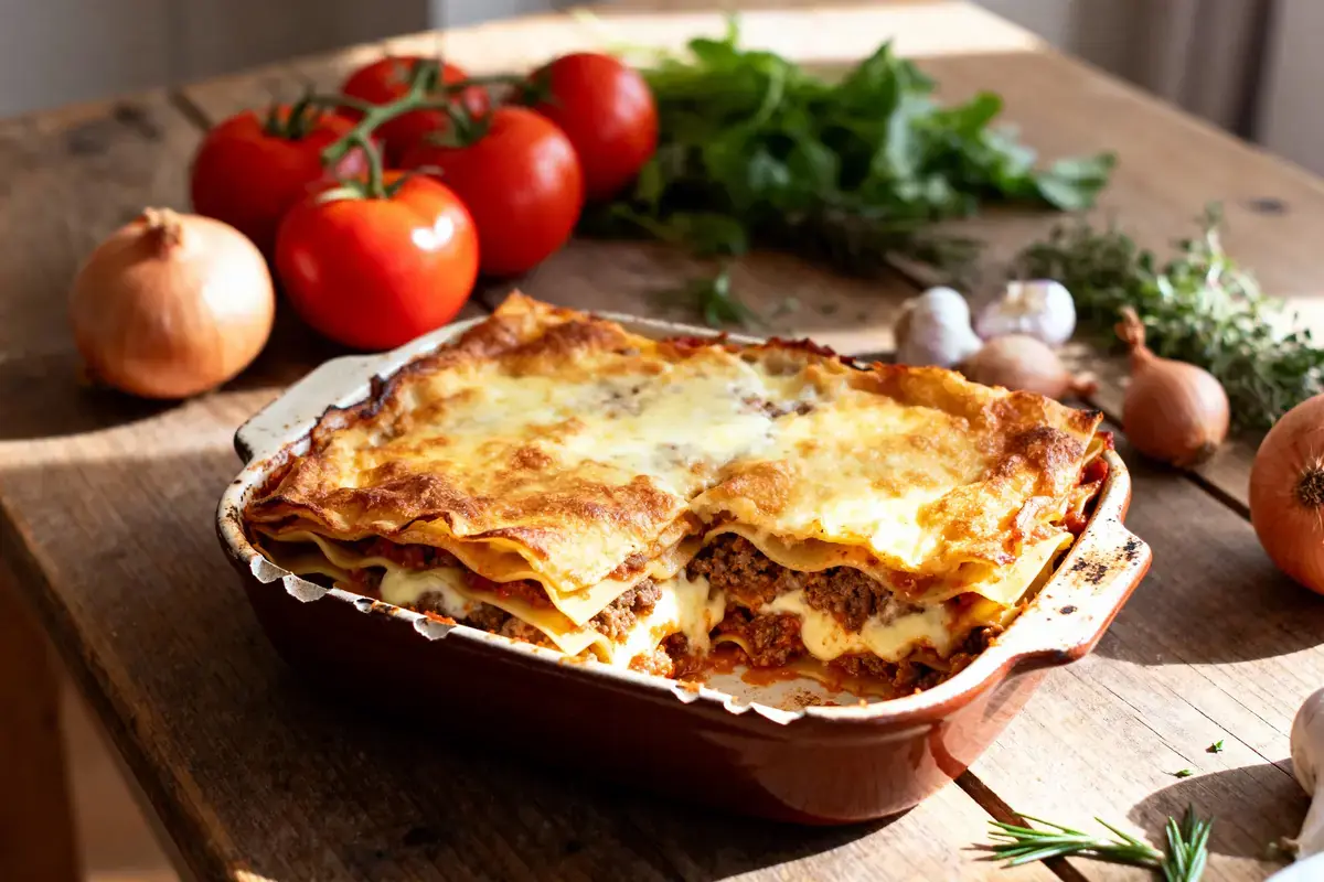 Lasagnes dorées dans un plat avec tomates, oignons et herbes sur table en bois.