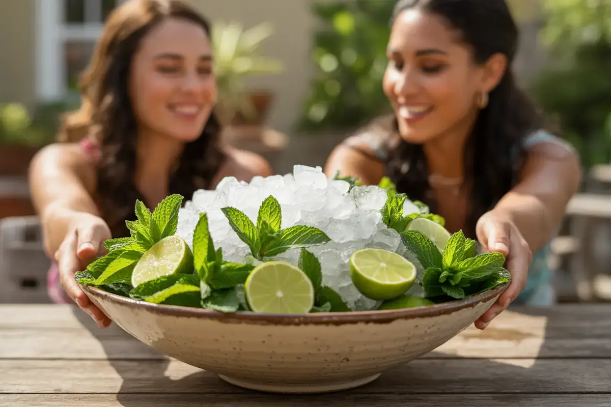 Deux femmes souriantes présentent un grand plat rempli de glace, de feuilles de menthe fraîche et de quartiers de citron.