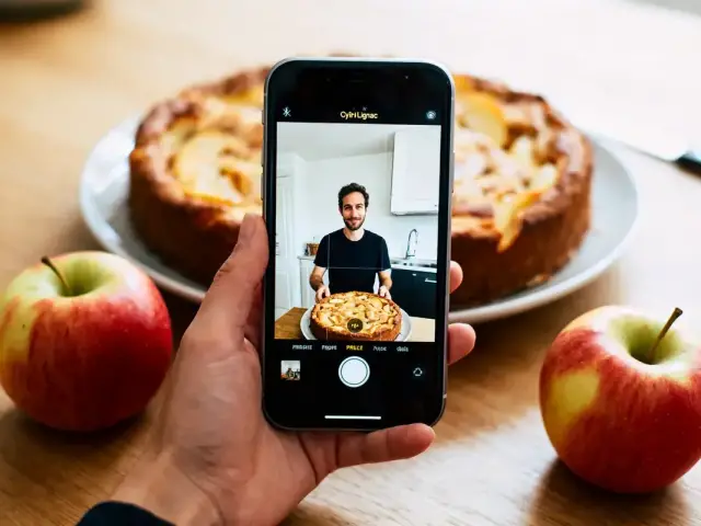 Smartphone photographiant un homme avec gâteau aux pommes, entouré de pommes rouges sur une table en bois.