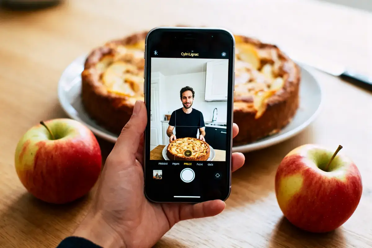 Smartphone photographiant un homme avec gâteau aux pommes, entouré de pommes rouges sur une table en bois.