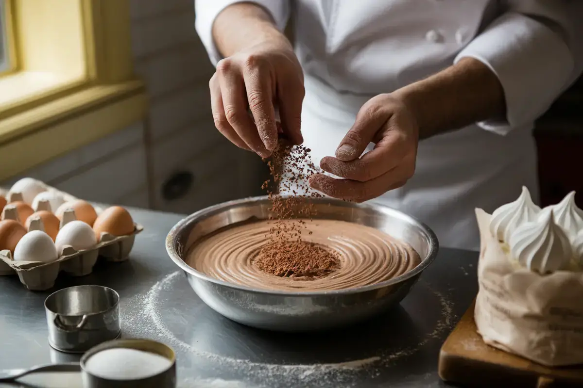 Mains saupoudrant du cacao sur une crème au chocolat dans un saladier, œufs et meringues à côté