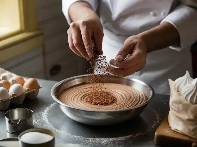 Mains saupoudrant du cacao sur une crème au chocolat dans un saladier, œufs et meringues à côté