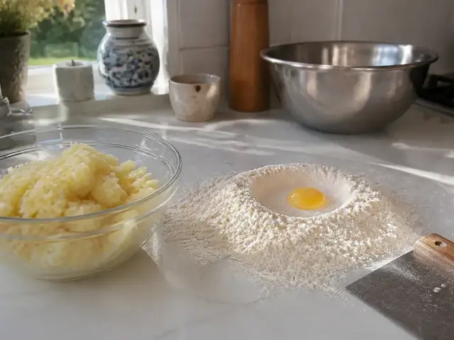 Ingrédients pour recette gnocchi faits maison sur un plan de travail ensoleillé