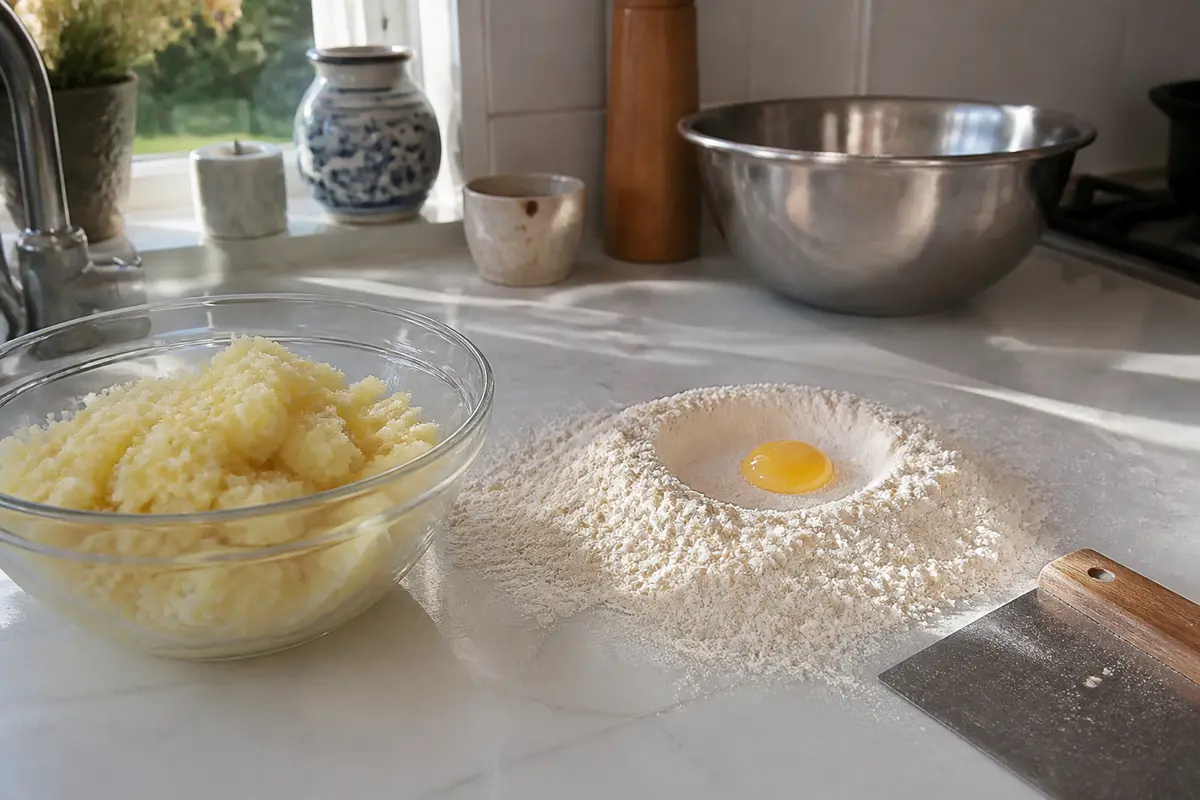 Ingrédients pour recette gnocchi faits maison sur un plan de travail ensoleillé